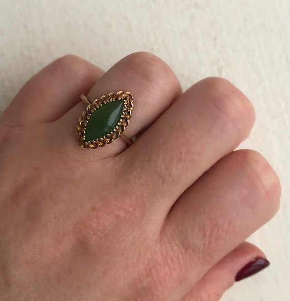 Vintage Jade Ring 10k Rose Gold Dark Green Cabochon Gem