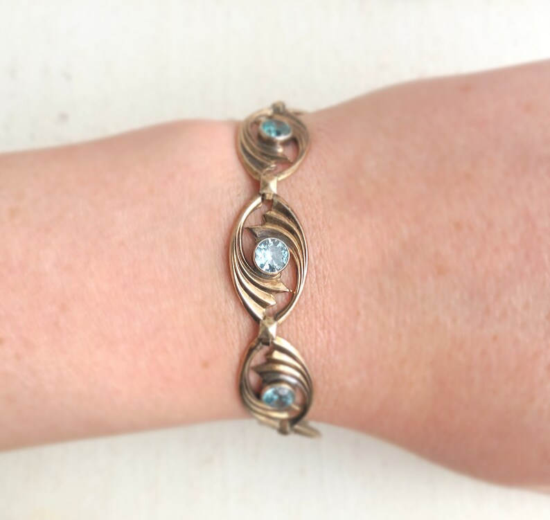 Blue Zircon Bracelet 14k /& Sterling Silver Genuine Blue Stone 8\u201d Link Bracelet 1930s