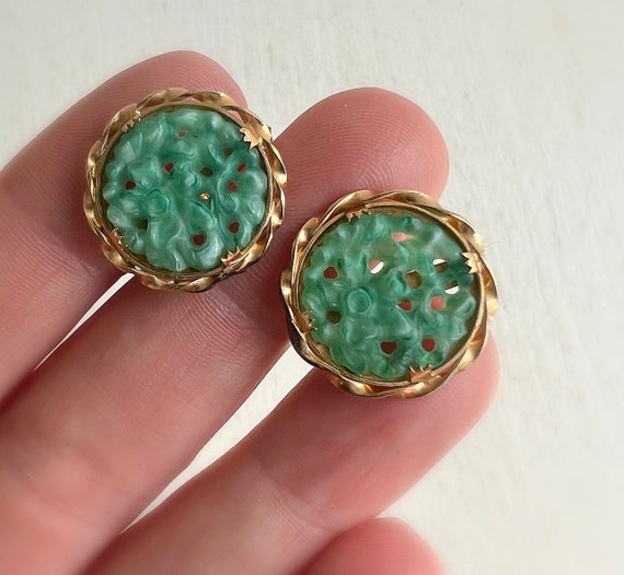 Vintage Jade Earrings - 12k Gold Filled Carved Ja… - image 4