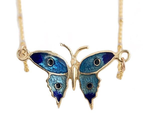 Enamel Butterfly Necklace - 14k Yellow Gold 18” En