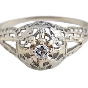 Antique Diamond Ring - 14k White Gold .15 CT  Filigree Art Deco Engagement Ring - Size 7 1/2