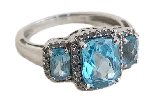 Vintage Blue Topaz Ring - 10k White Gold Diamond … - image 1