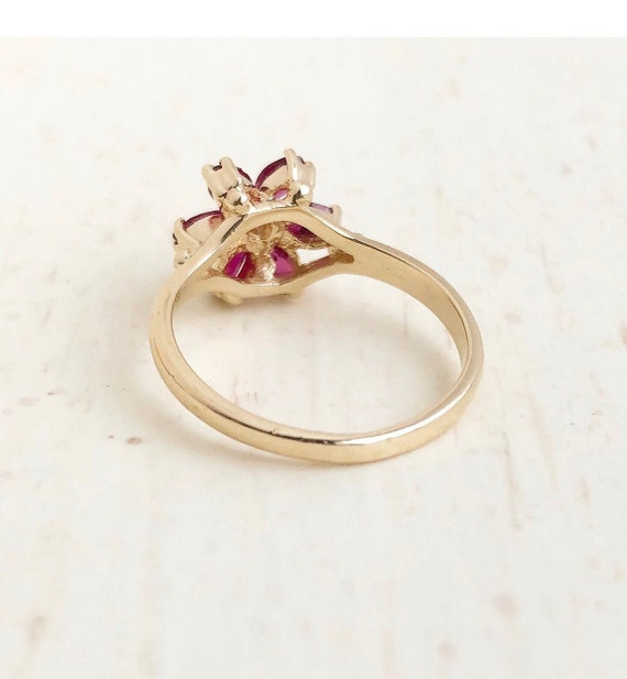 Vintage Ruby Ring - 14k Yellow Gold Ruby Flower R… - image 5