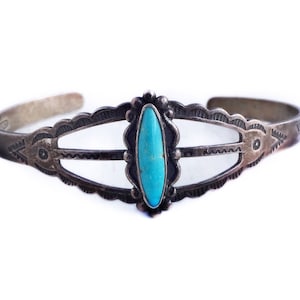 Vintage Sterling Silver Turquoise Cuff Bracelet ~ Retro 1960s Blue Gem Southwestern Jewelry