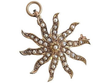 Victorian Starburst Pendant - 14k Rose Yellow Gold Seed Pearl 1800s Brooch Pendant
