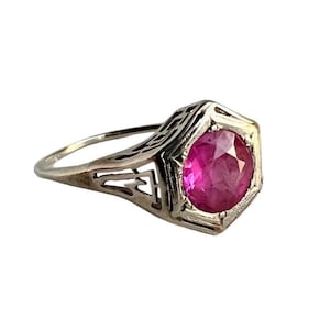 Antique Pink Sapphire Ring - 14k White Gold Filigree Art Deco 1930’s Large Pink Gemstone Ring - Size 8