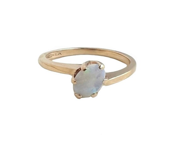 Vintage Opal Ring - 10K Yellow Gold Solitaire Rin… - image 2