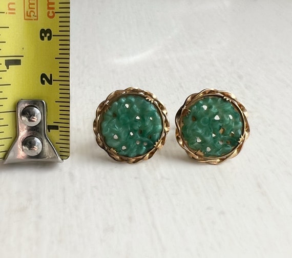 Vintage Jade Earrings - 12k Gold Filled Carved Ja… - image 2
