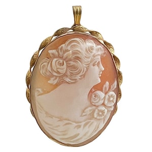 Vintage Cameo Pendant - 12k Gold Filled Carved Shell 1950s Brooch Pendant