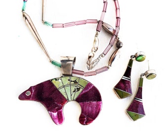 Vintage Sterling Silver Navajo J. Charley Inlay Multi-Gemstone Bear Pendant Beaded Necklace Matching Earrings