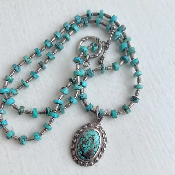 Silver Turquoise Necklace - Sterling Silver Large… - image 2
