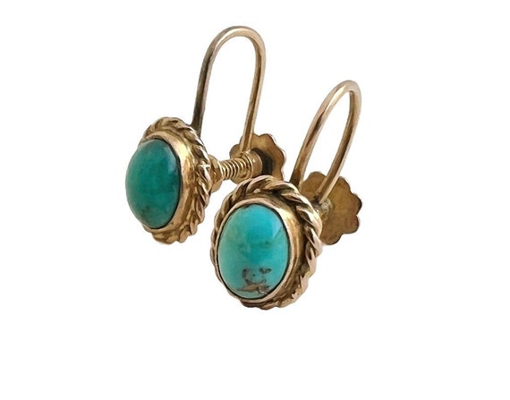 Antique Turquoise Earrings - 9k Rose Gold Screw B… - image 2