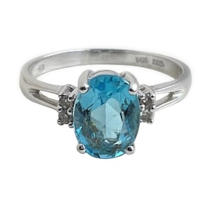Blue Topaz Ring - 14k White Gold Genuine Diamond Blue Gemstone Ring - Size 7
