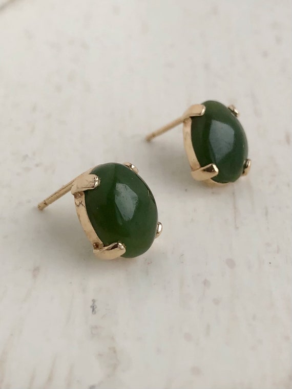 Vintage Jade Earrings - 14k Yellow Stud Earrings - image 2