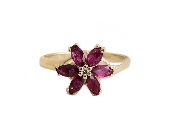 Vintage Ruby Ring - 14k Yellow Gold Ruby Flower R… - image 4