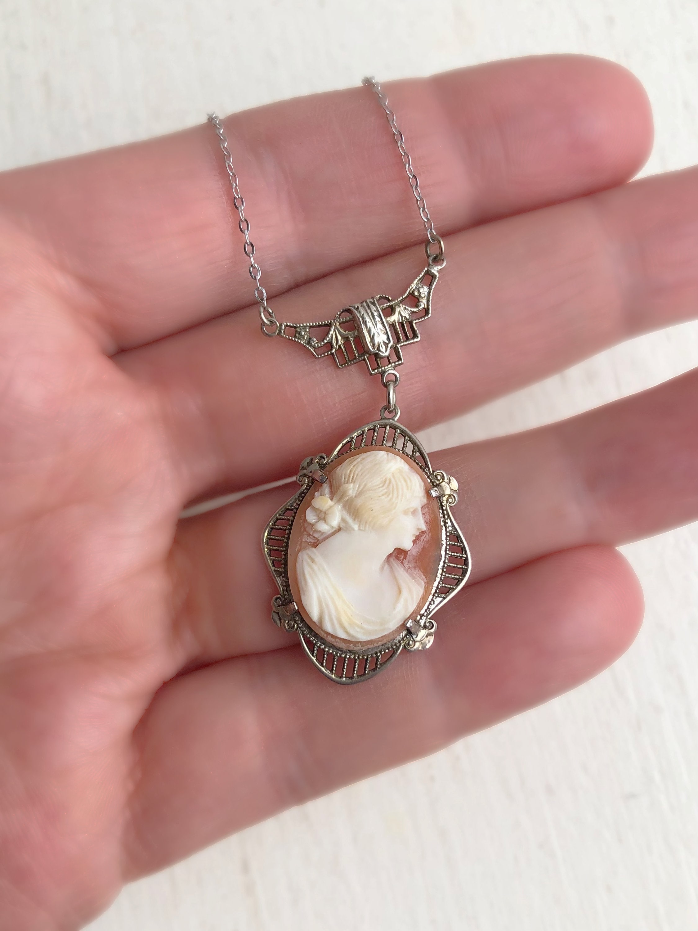 Vintage Cameo Necklace - Sterling Silver Carved Shell 1930s Silhouette ...