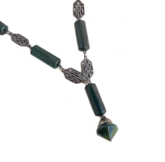 Art Deco Necklace - Sterling Silver Green Beaded … - image 1