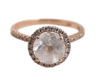 Halo Engagement Ring - 14k Rose Gold Colorless Spinel & Diamond Engagement Ring Size 5 1/2