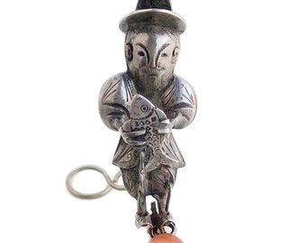 Antique Sterling Silver Chatelaine - Chinese Qing Dynasty Figural Man Holding Fish - Carnelian Agate S Hook