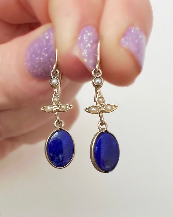 Victorian Lapis Lazuli Earrings - 14k Yellow Gold… - image 2