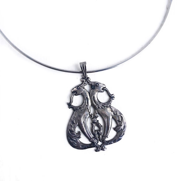 Antique Dragon Necklace - Sterling Silver Twin Dra