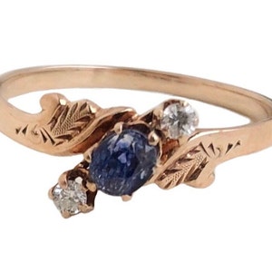 Antique Ceylon Sapphire Ring - 10k Rose Gold Victorian Old Mine Cut Diamond - Size 8