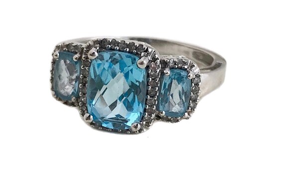 Vintage Blue Topaz Ring - 10k White Gold Diamond … - image 4