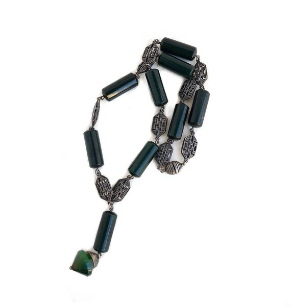 Art Deco Necklace - Sterling Silver Green Beaded … - image 2