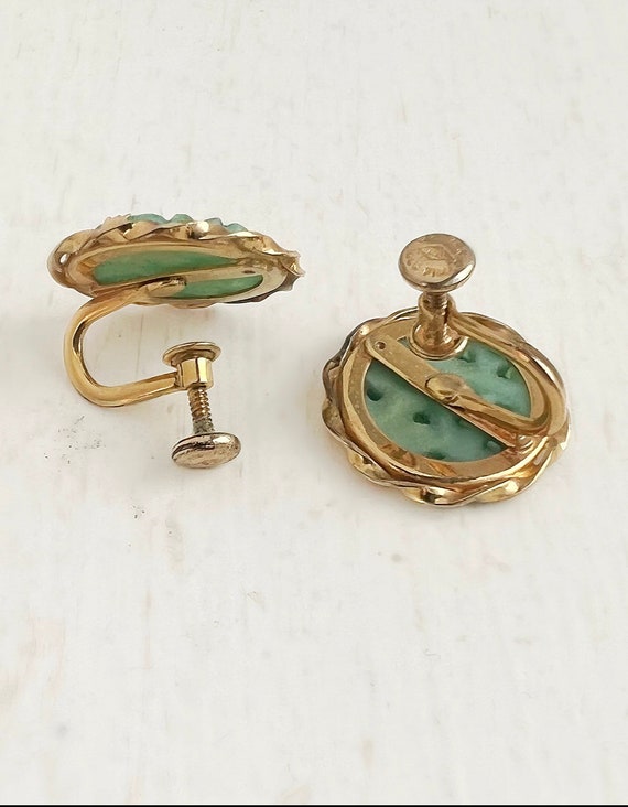 Vintage Jade Earrings - 12k Gold Filled Carved Ja… - image 3