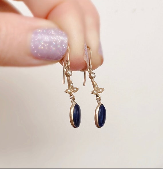 Victorian Lapis Lazuli Earrings - 14k Yellow Gold… - image 3