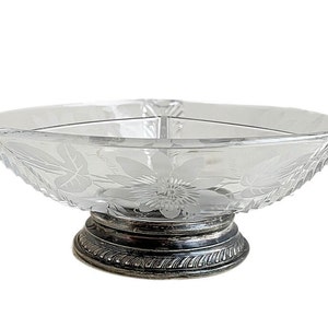 Divided Etched Glass Bowl - Sterling Silver Base 1940s Era