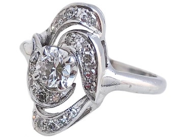 Antique Genuine Diamond Shield Ring - 14k White Gold .50 CTW Ring - Size 6