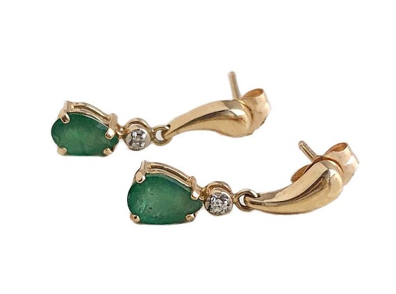 Vintage Emerald Earrings - 14k Yellow Gold Dangle
