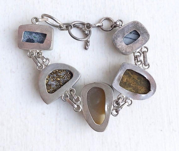 Silver Agate Bracelet - Earth Toned Agate Silver … - image 2