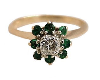 Emerald & Diamond Halo Ring - 14k Yellow Gold 1/2 CT Diamond Engagement Ring - Size 6