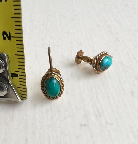 Antique Turquoise Earrings - 9k Rose Gold Screw B… - image 5