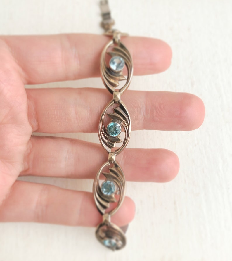 Blue Zircon Bracelet 14k /& Sterling Silver Genuine Blue Stone 8\u201d Link Bracelet 1930s