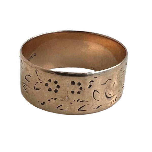 Antique Cigar Band - 10k Rose Gold Floral Etched Victorian Ring - Size 8