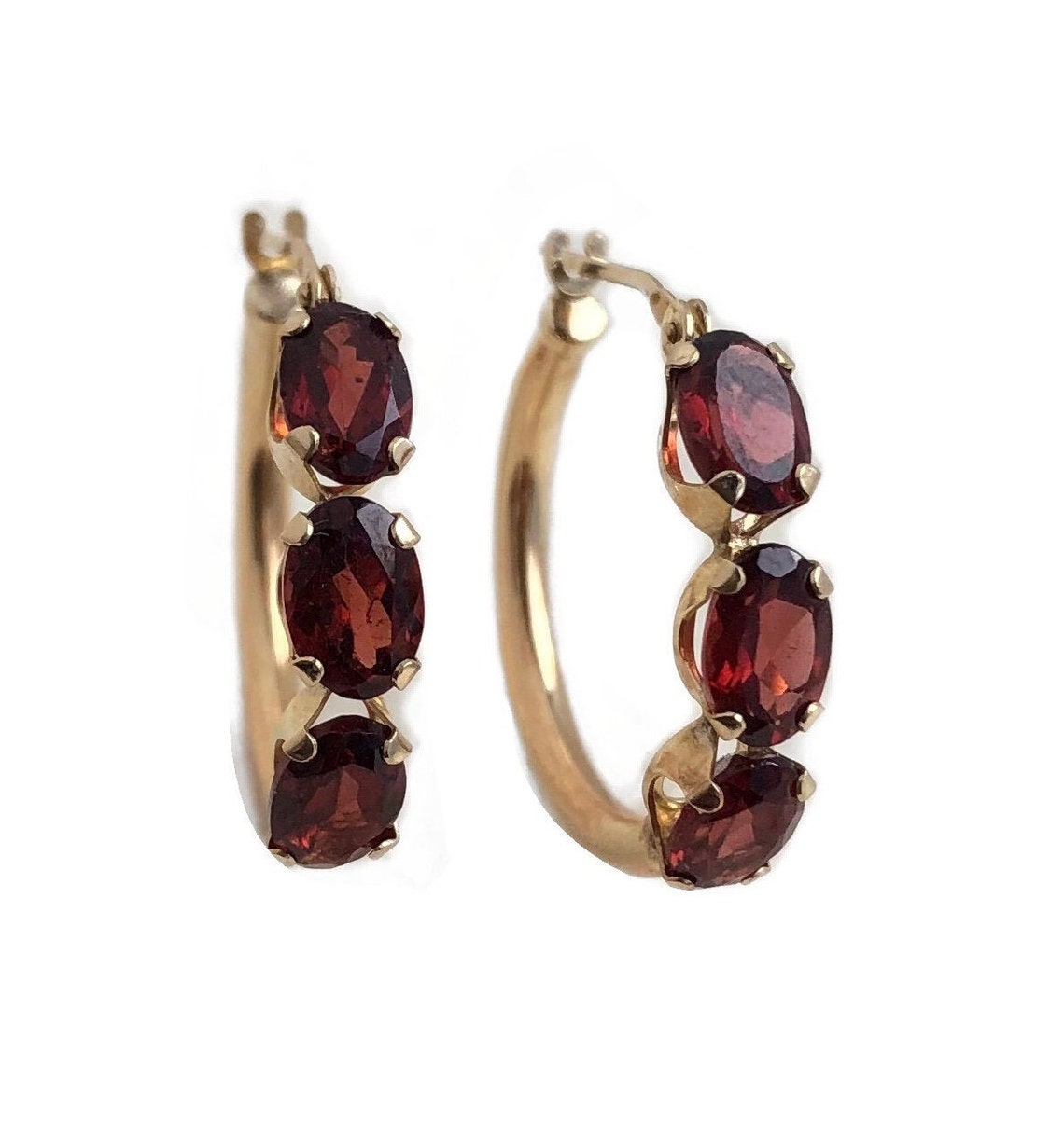 Vintage Earrings 14k Yellow Gold Red Gemstone Hoops Etsy