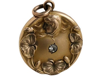 Antique Locket Pendant - Gold Filled Art Nouveau Lady Silhouette Paste Stone Early 1900 Locket