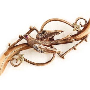 Antique Swallow Brooch - 9k Rosy Yellow Gold Simulated Ruby & Diamond Bar Pin - Victorian 1890s Bird Jewelry