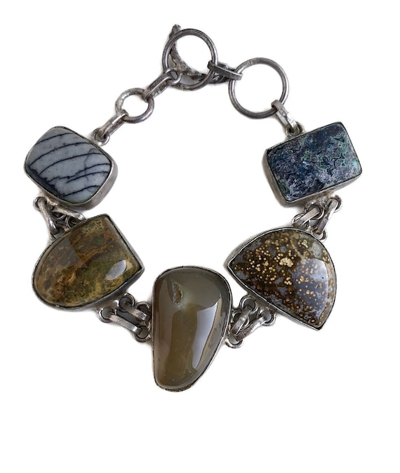 Silver Agate Bracelet - Earth Toned Agate Silver … - image 1