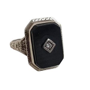 Art Deco Ring - 14k White Gold Black Onyx Diamond 1920s Ring - Size 6