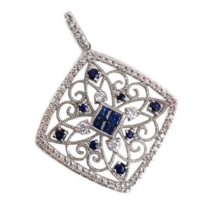 Vintage Filigree Necklace - 14k White Gold Sapphire & Diamond Pendant - Fine Jewelry