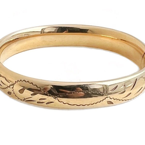 MidCentury Bangle - 12k Gold Filled Crafmere Floral Etched Bangle Bracelet