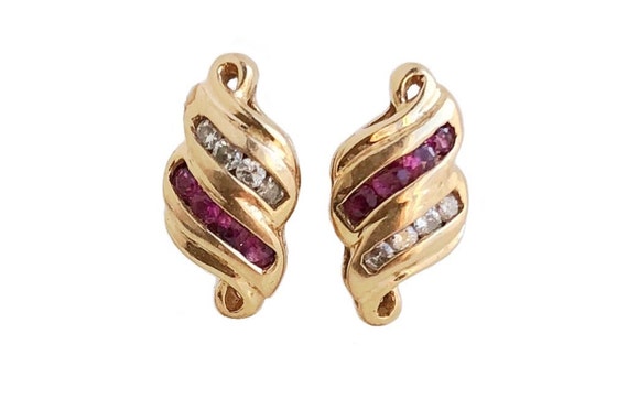 Vintage Diamond & Ruby Earrings - 14k Yellow Stud… - image 1
