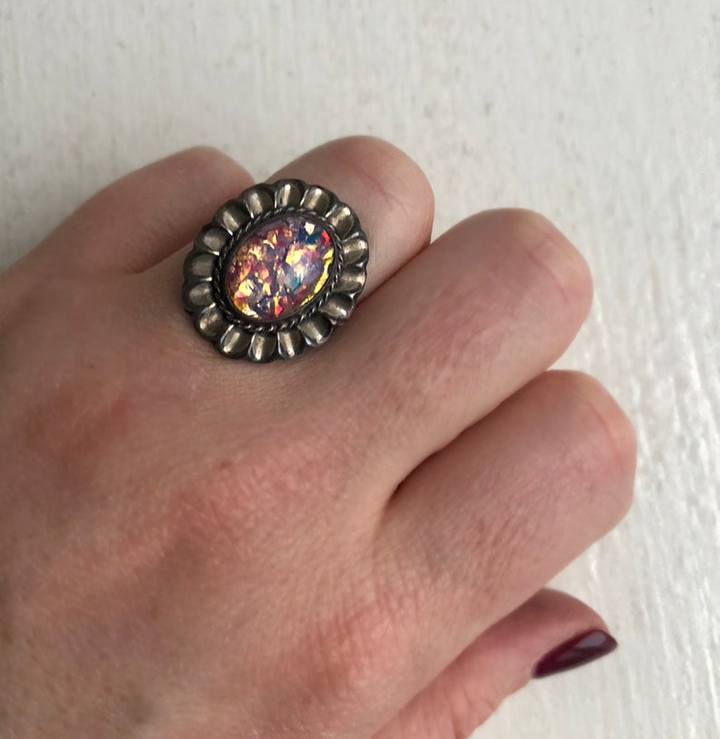 Dichroic Glass Ring Sterling Silver Mexico Southwestern Statement Ring Size 6