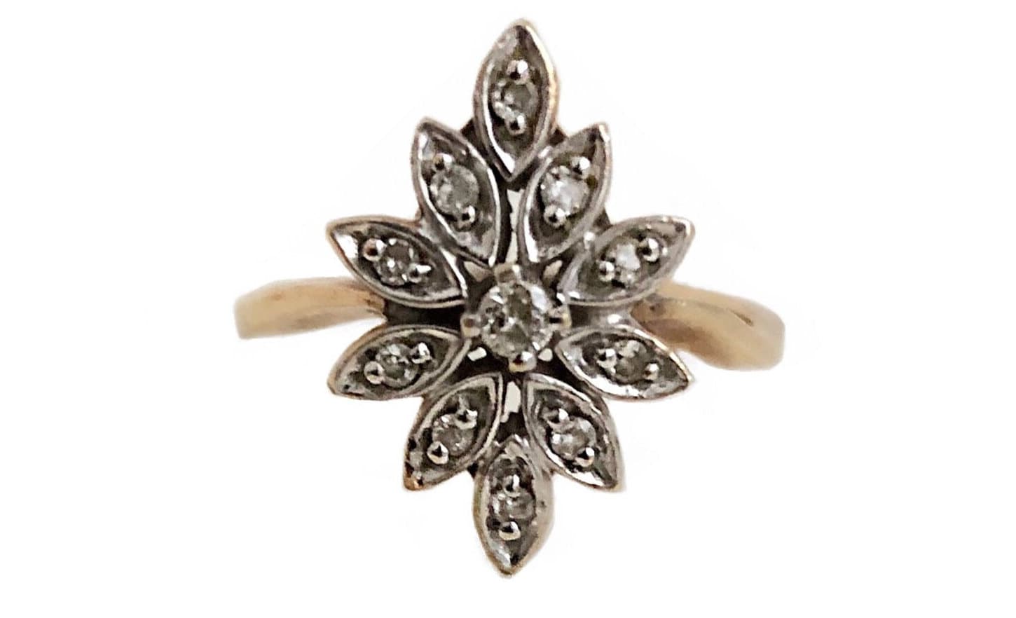 Diamond Cocktail Ring - 10k Yellow Gold Shield Statement Ring Size 5 1/2 - Art Deco 1940s Halo Cluster