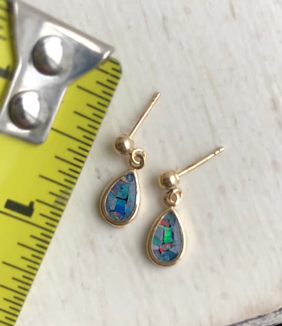 Vintage Opal Earrings - 14k Yellow Gold Mosaic Op… - image 3