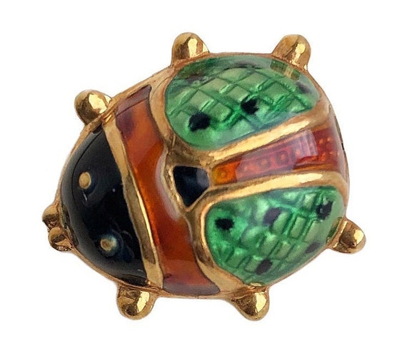 Vintage Gold Bug Brooch - 18k Enamel Lady Bug Pin… - image 1